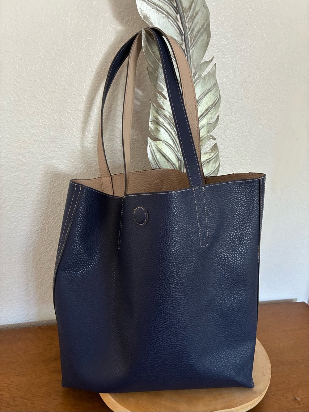 Navy and Tan Faux Leather Tote Bag